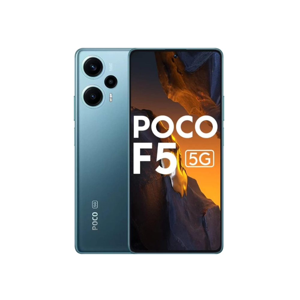 Poco F5 front and back in Electric Blue