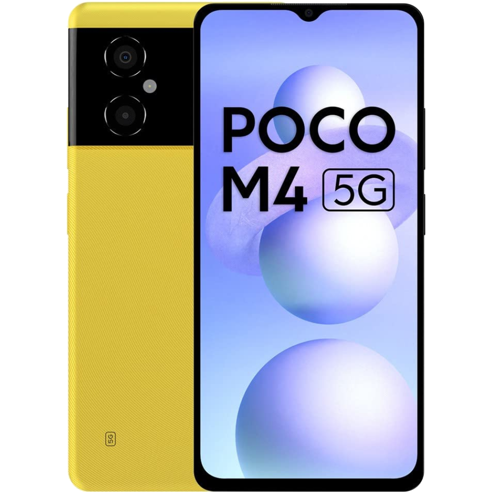 Poco M4 5G front and back in Poco Yellow