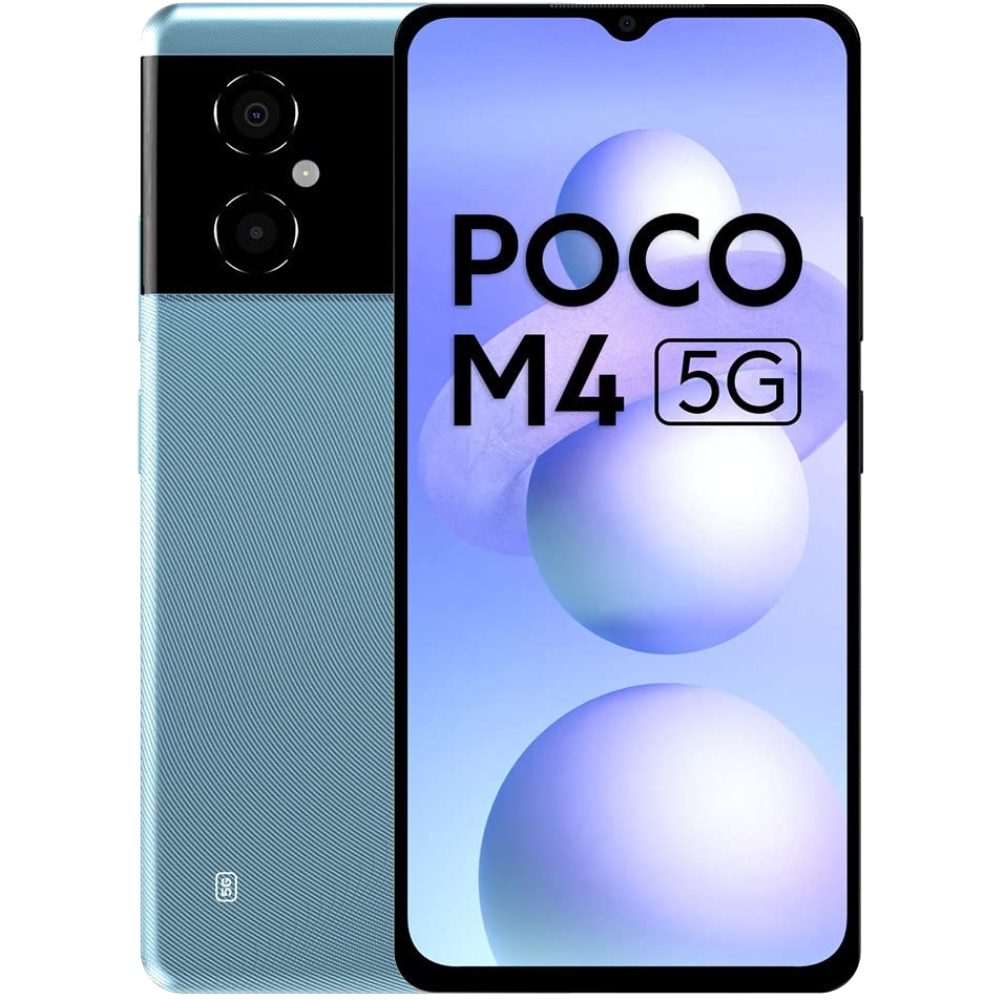 Poco M4 5G front and back in Cool Blue