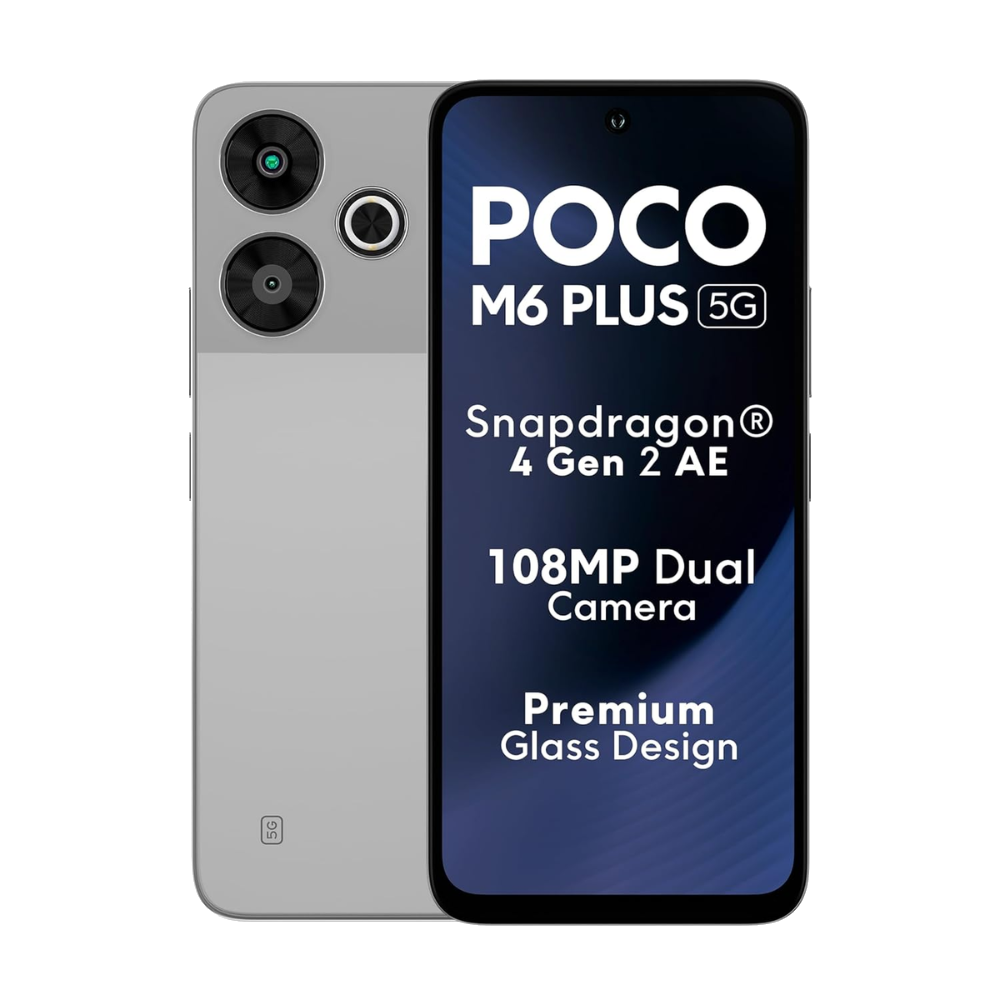 Poco M6 Plus 5G front and back in Ice Silver