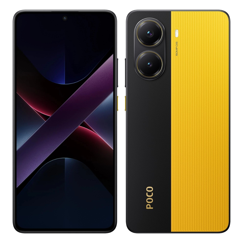 Poco X7 Pro 5G front and back in POCO Yellow