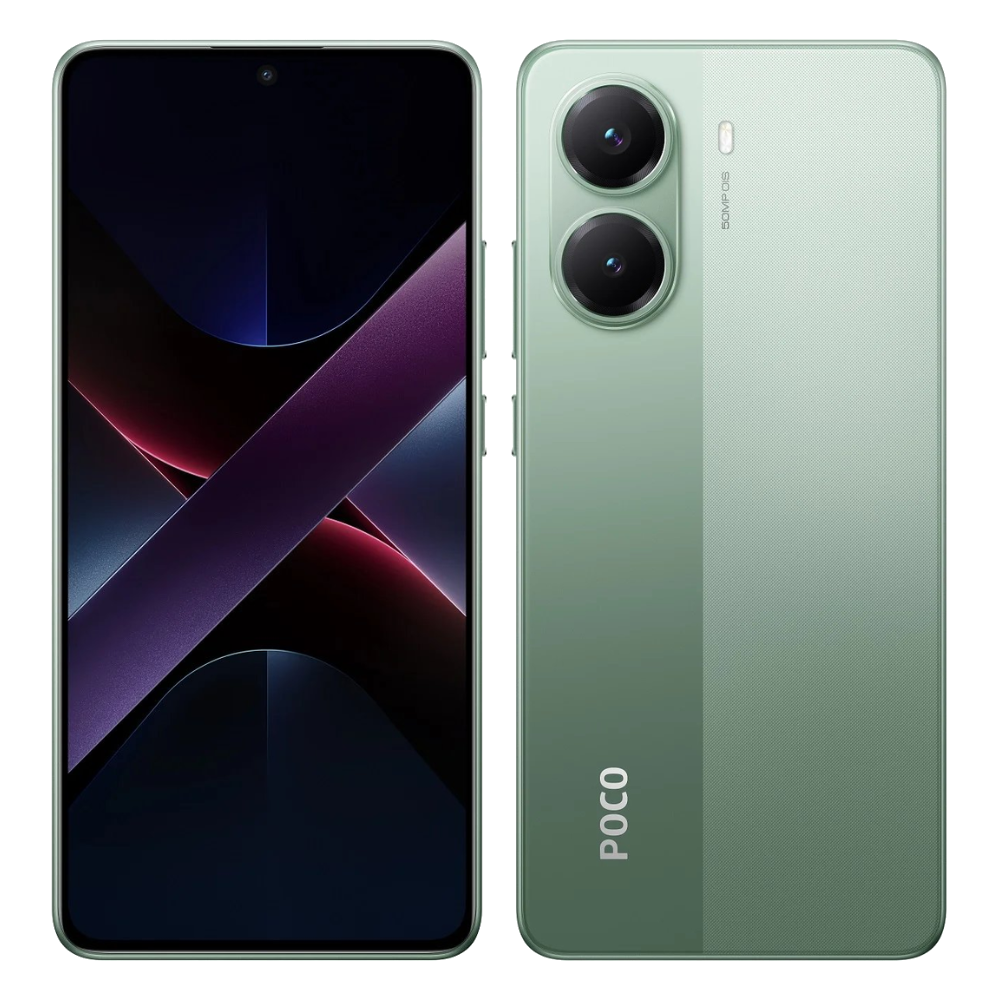 Poco X7 Pro 5G front and back in Nebula Green