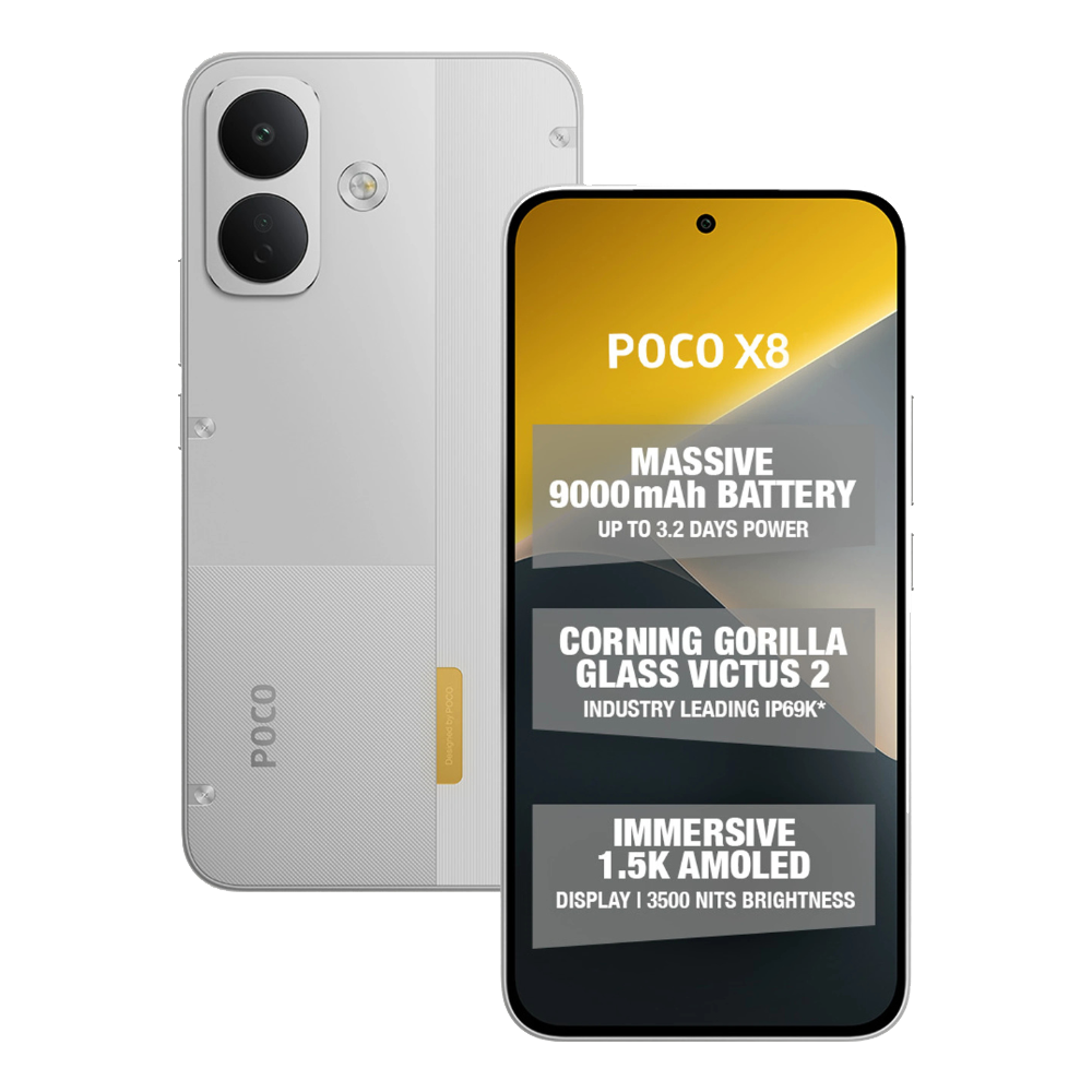 Poco X8 Frost White Front and Back View