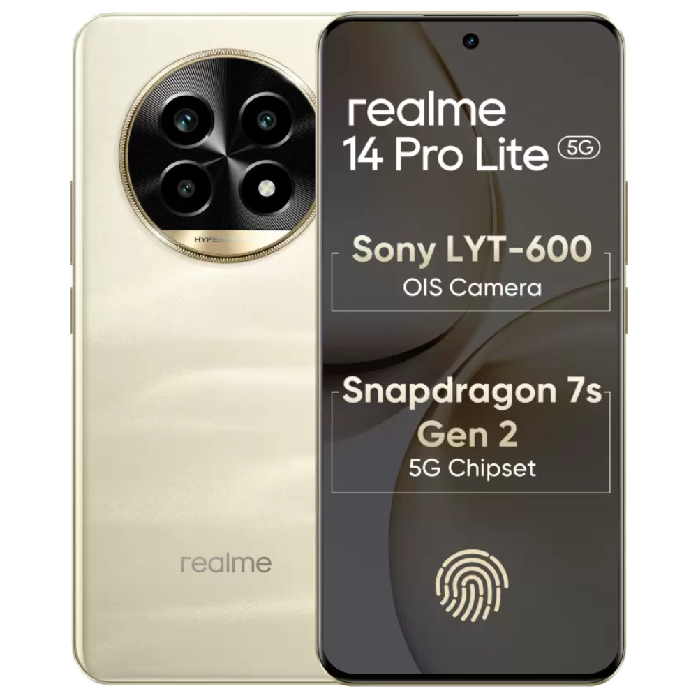 Realme 14 Pro Lite 5G front and back in Monet Gold