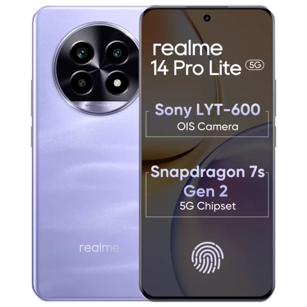 Realme 14 Pro Lite 5G front and back in Monet Purple