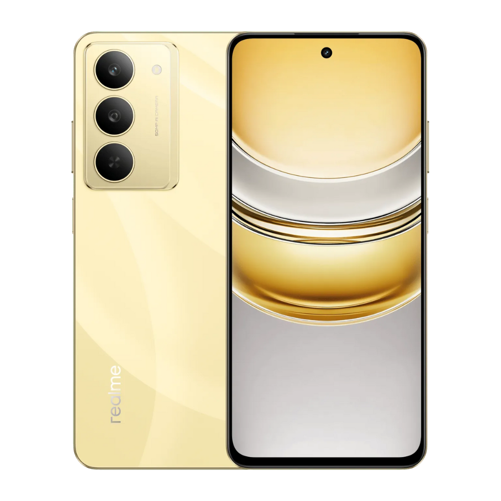 Realme 14x 5G front and back in Golden Glow