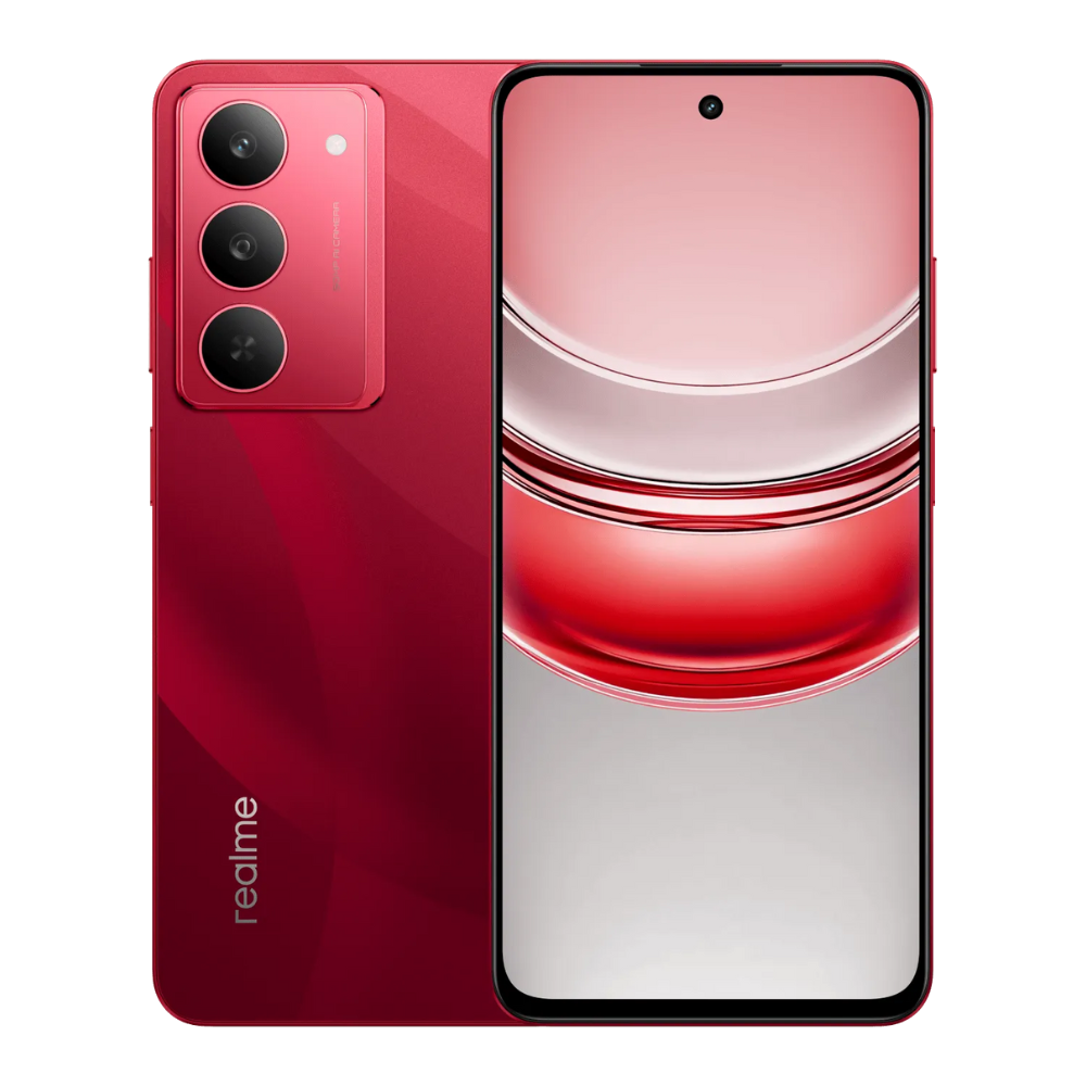 Realme 14x 5G front and back in Jewel Red