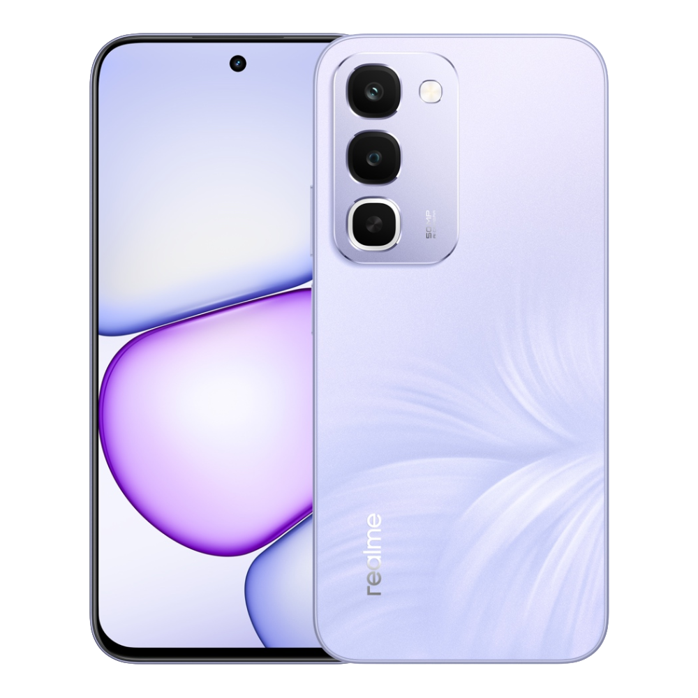 Realme C100 front and back in Triumphal Purple