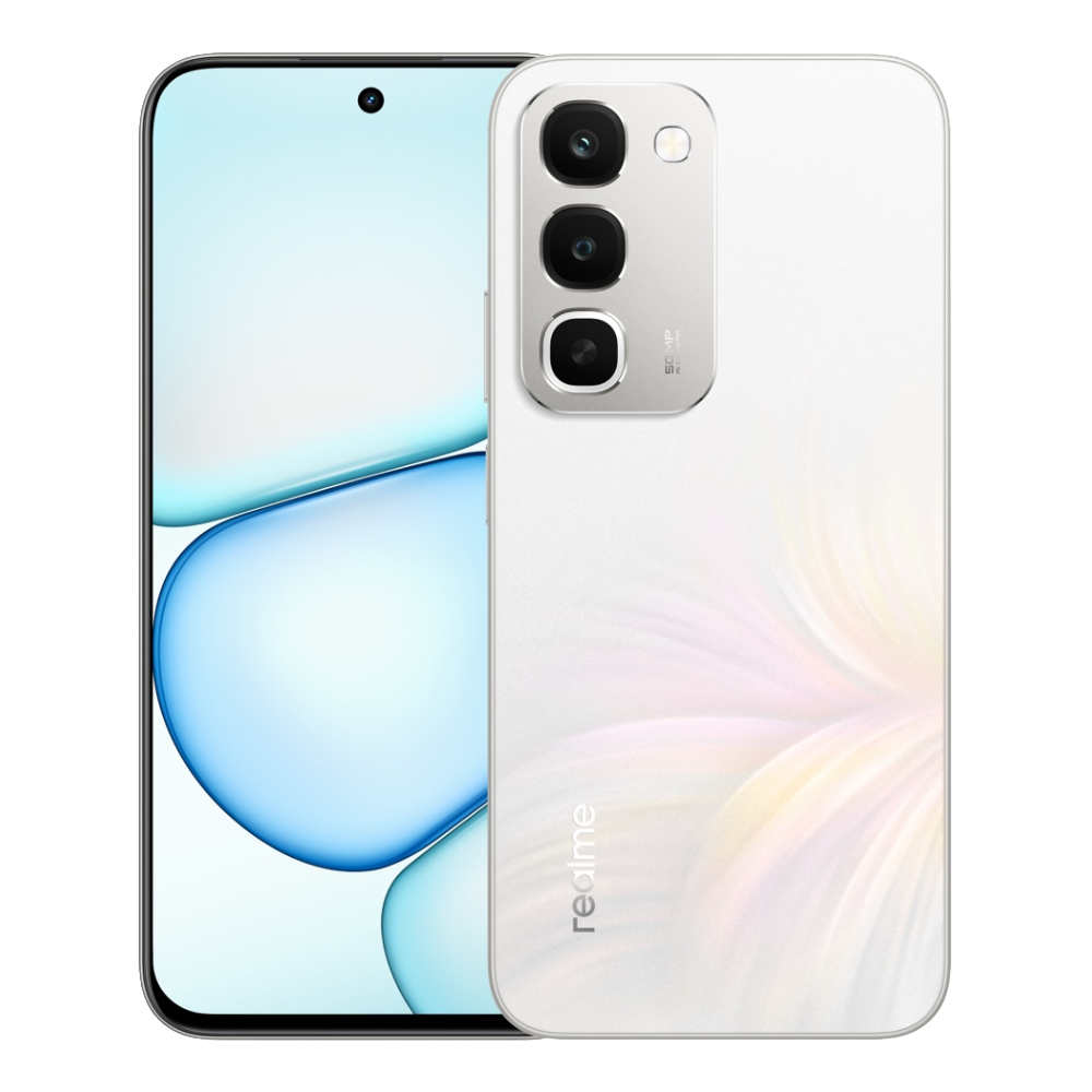 Realme C100 front and back in White Glory