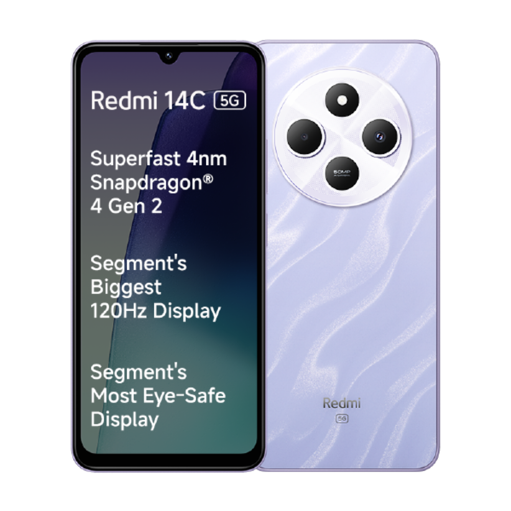 Redmi 14C 5G front and back in Stardust Purple