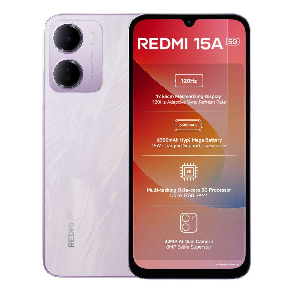 Redmi 15A 5G front and back in Amaze Purple
