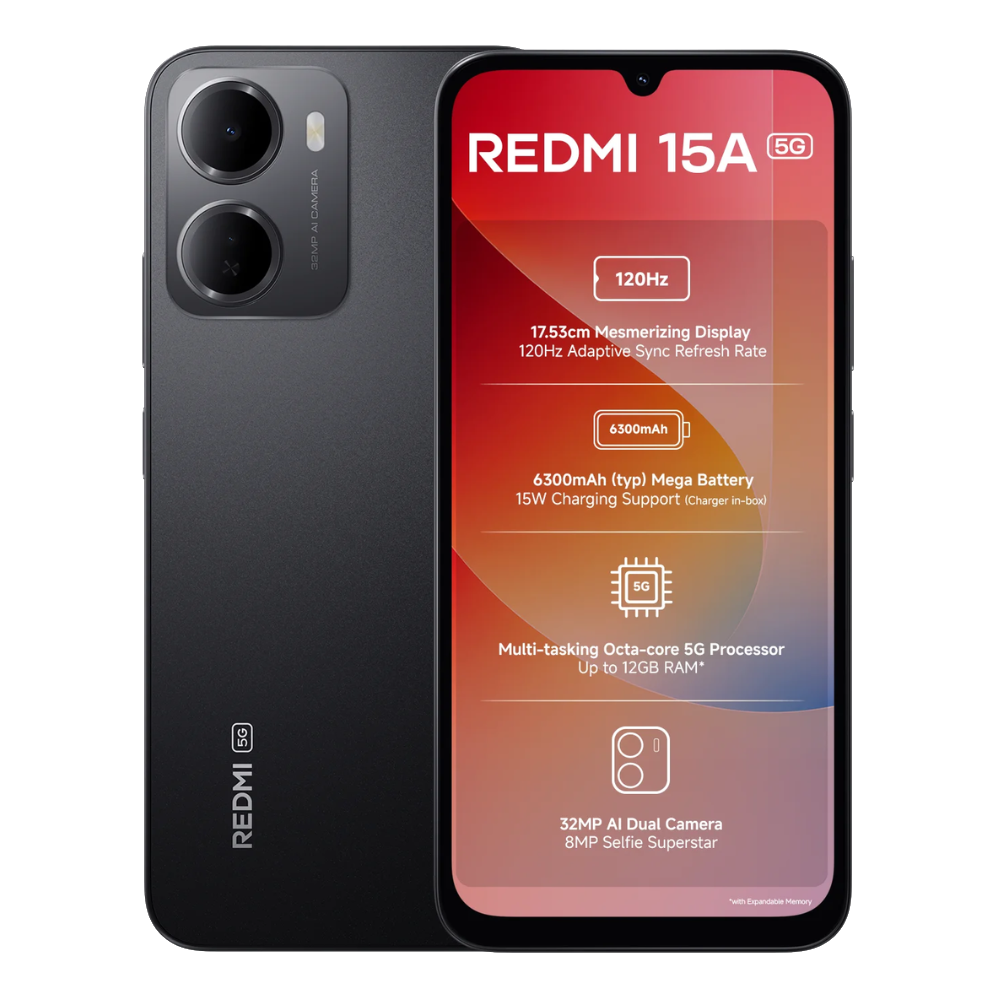 Redmi 15A 5G front and back in Ace Black