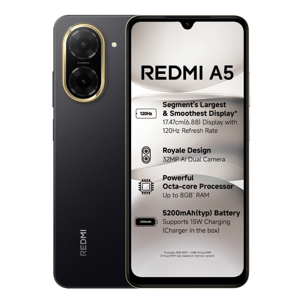 Redmi A5 4G Just Black Front and Back View