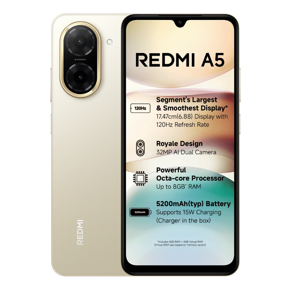Redmi A5 4G Jaisalmer Gold Front and Back View