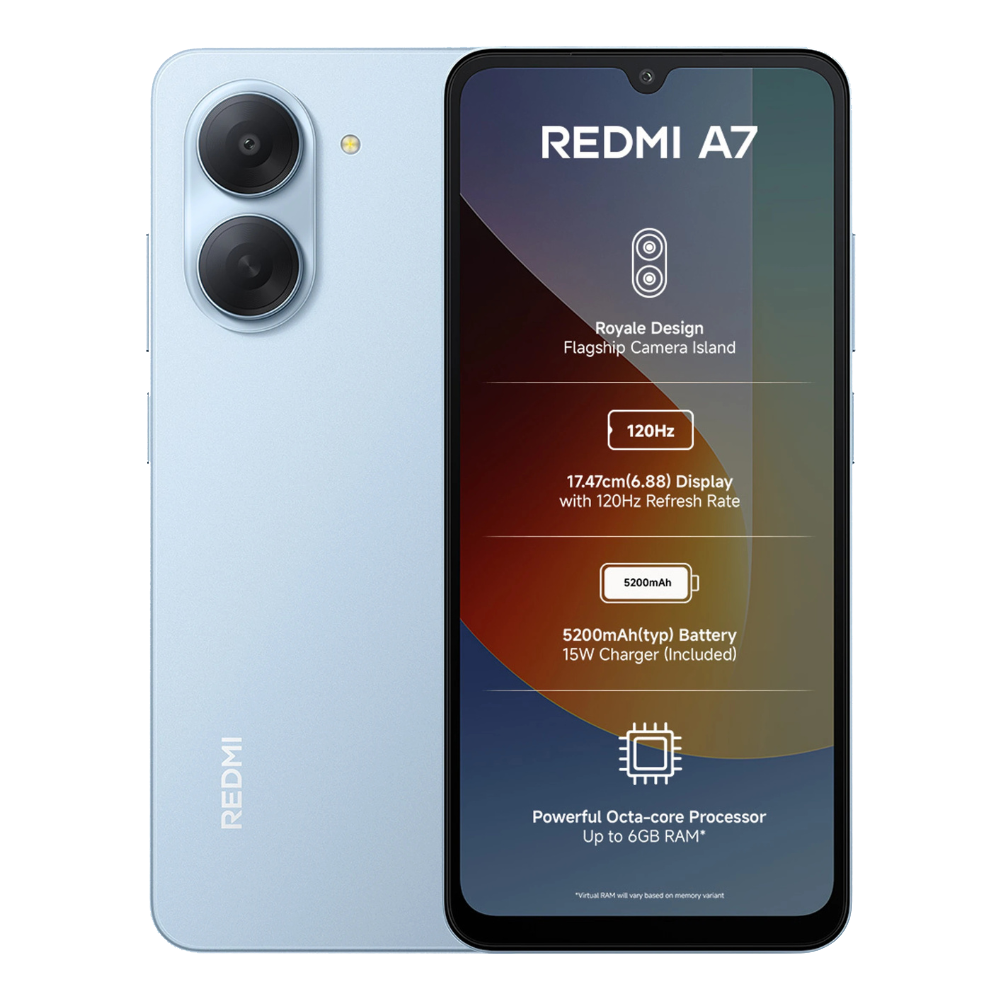 Redmi A7 front and back in Sky Blue
