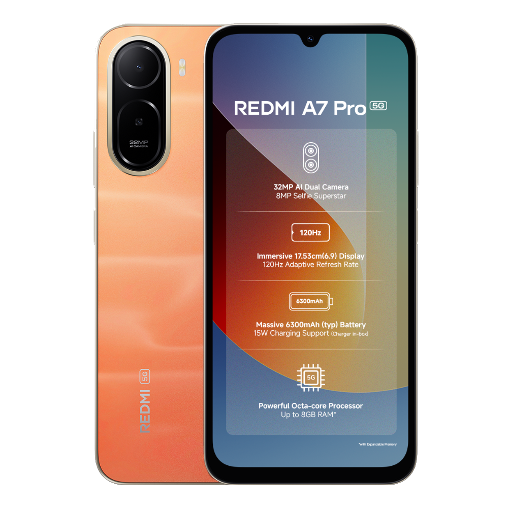 Redmi A7 Pro 5G front and back in Sunset Orange