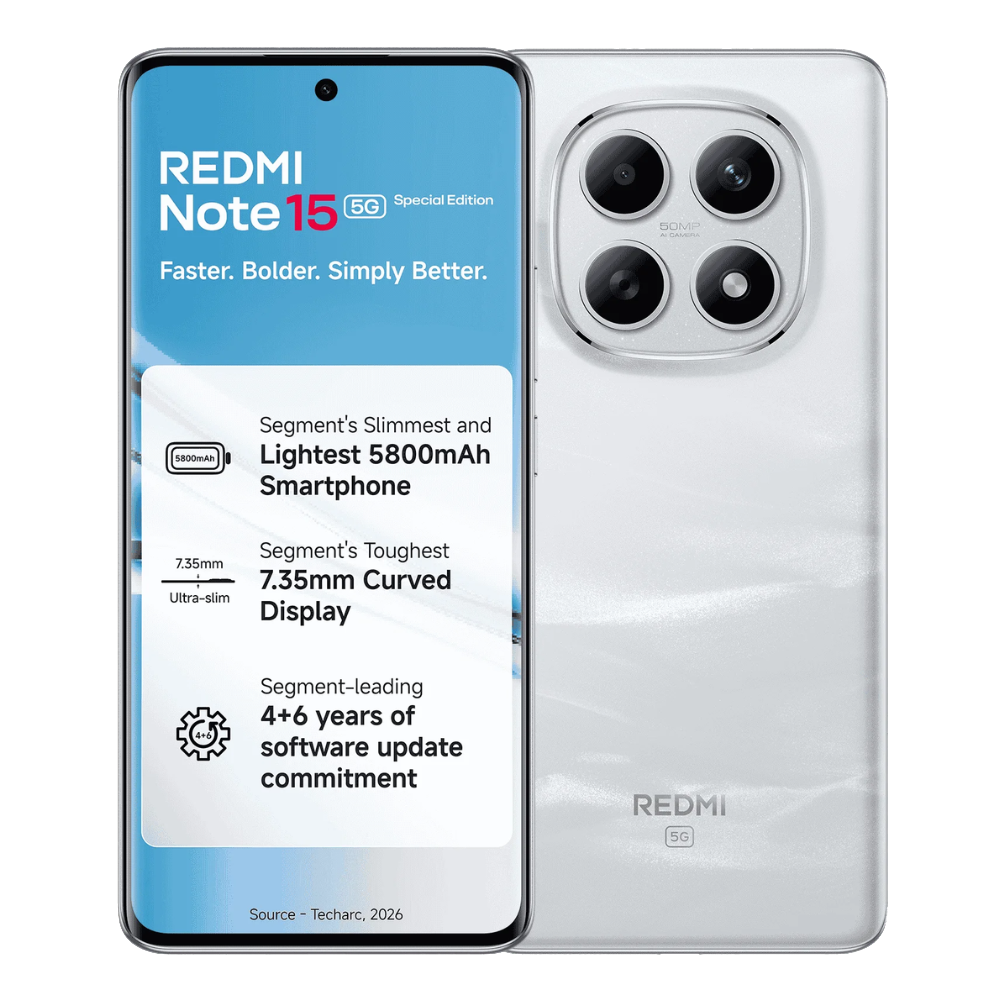 Redmi Note 15 SE 5G front and back in Frosted White
