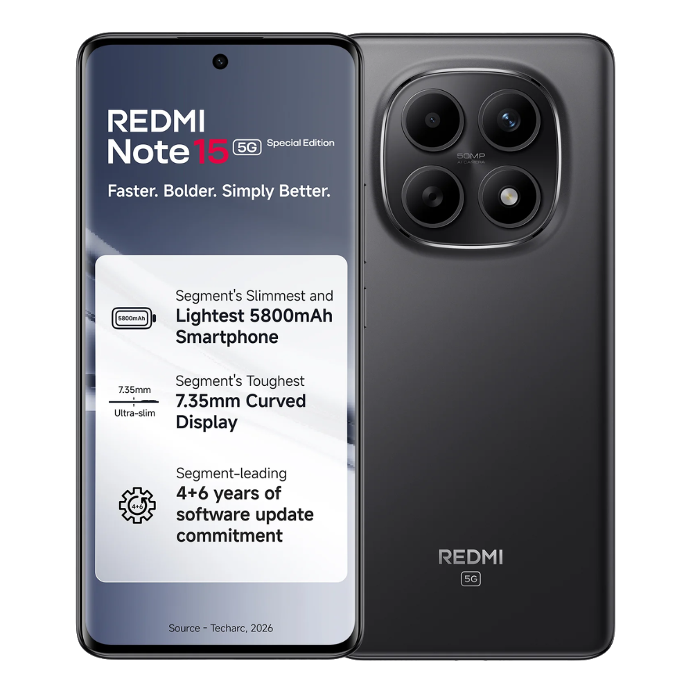 Redmi Note 15 SE 5G front and back in Carbon Black