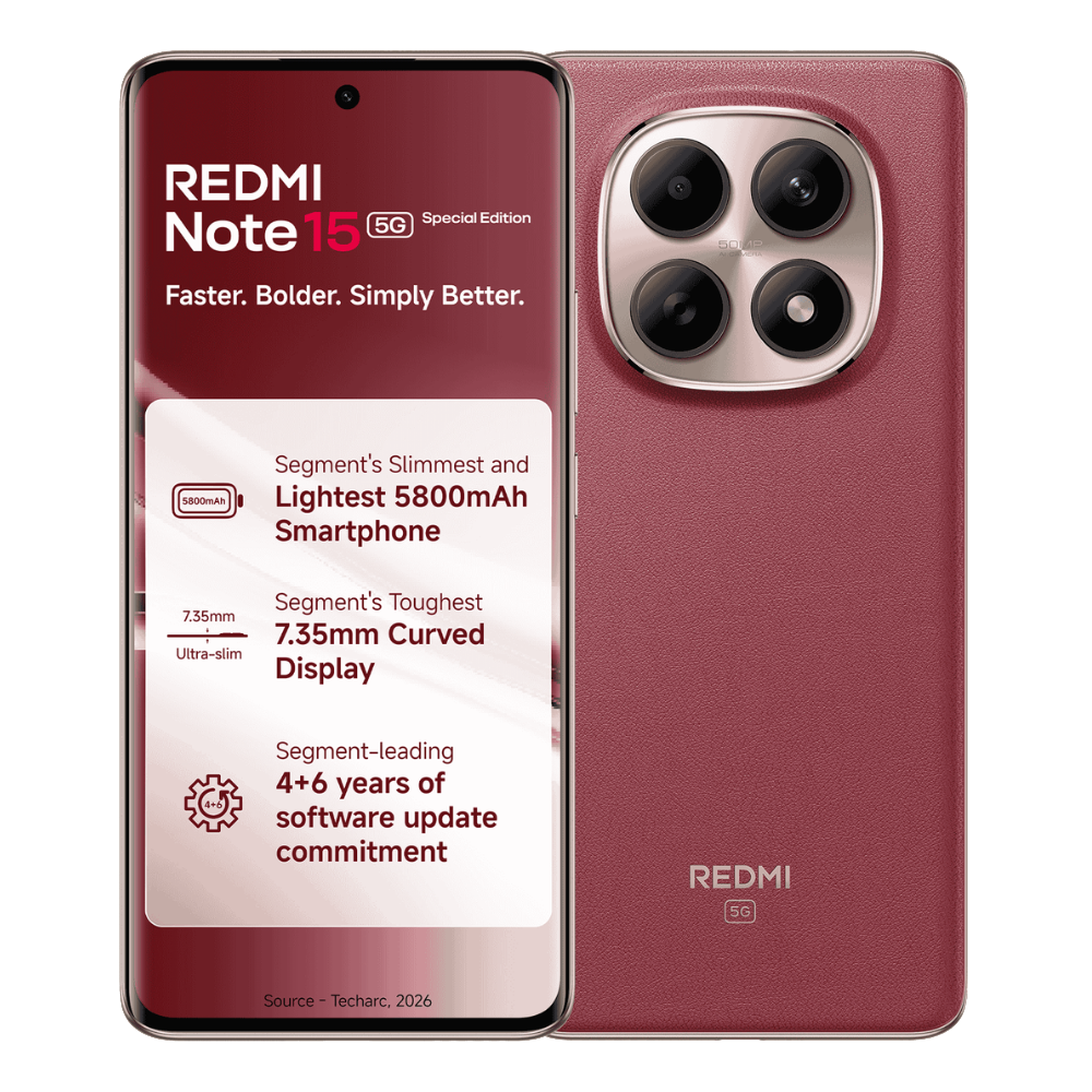 Redmi Note 15 SE 5G front and back in Crimson Reserve