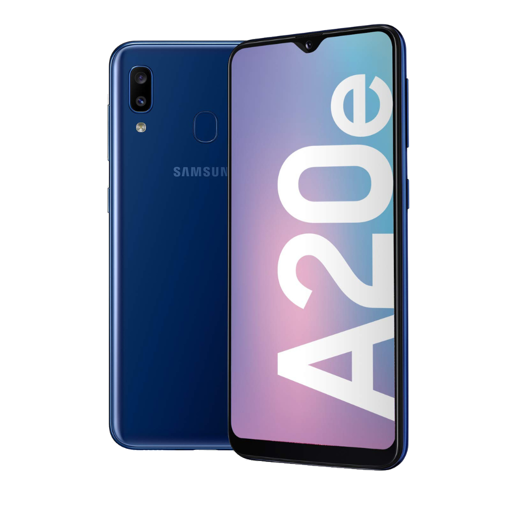 Samsung Galaxy A20e front and back in blue