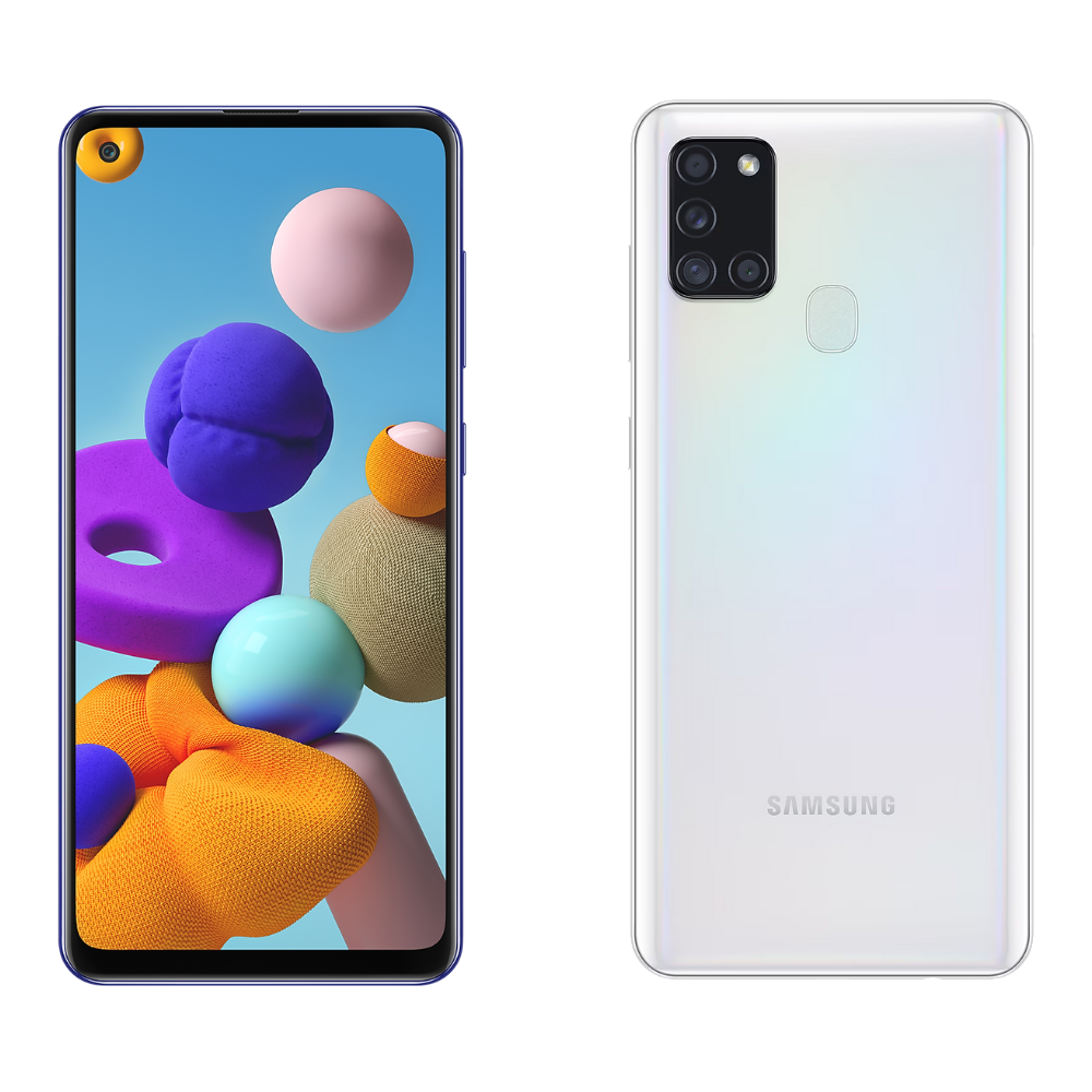 Samsung Galaxy A21s front and back in white