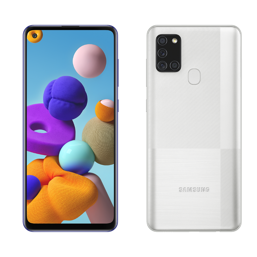 Samsung Galaxy A21s front and back in silver