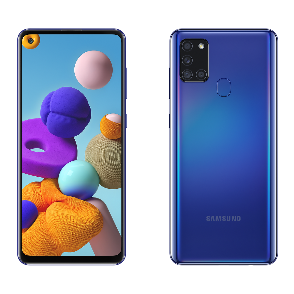 Samsung Galaxy A21s front and back in blue