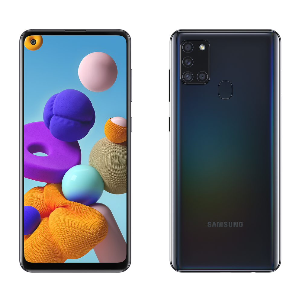 Samsung Galaxy A21s front and back in black