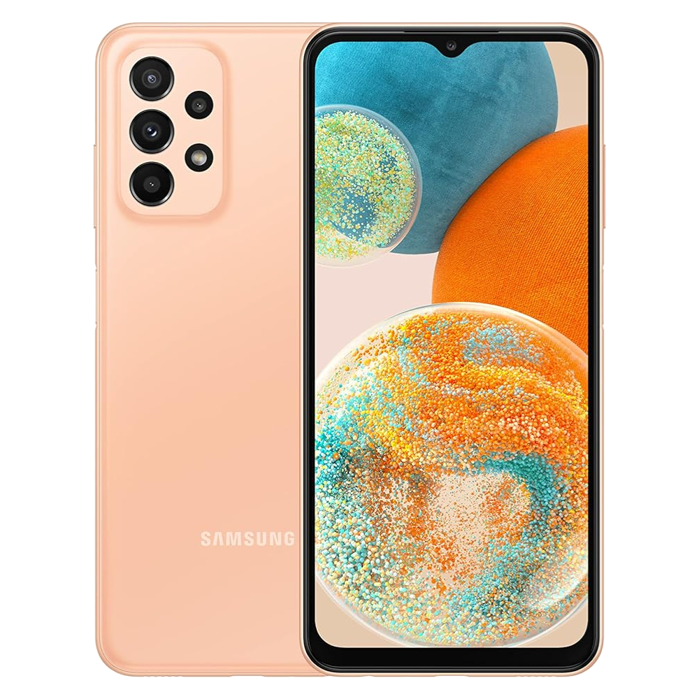 Samsung Galaxy A23 5G front and back in Peach