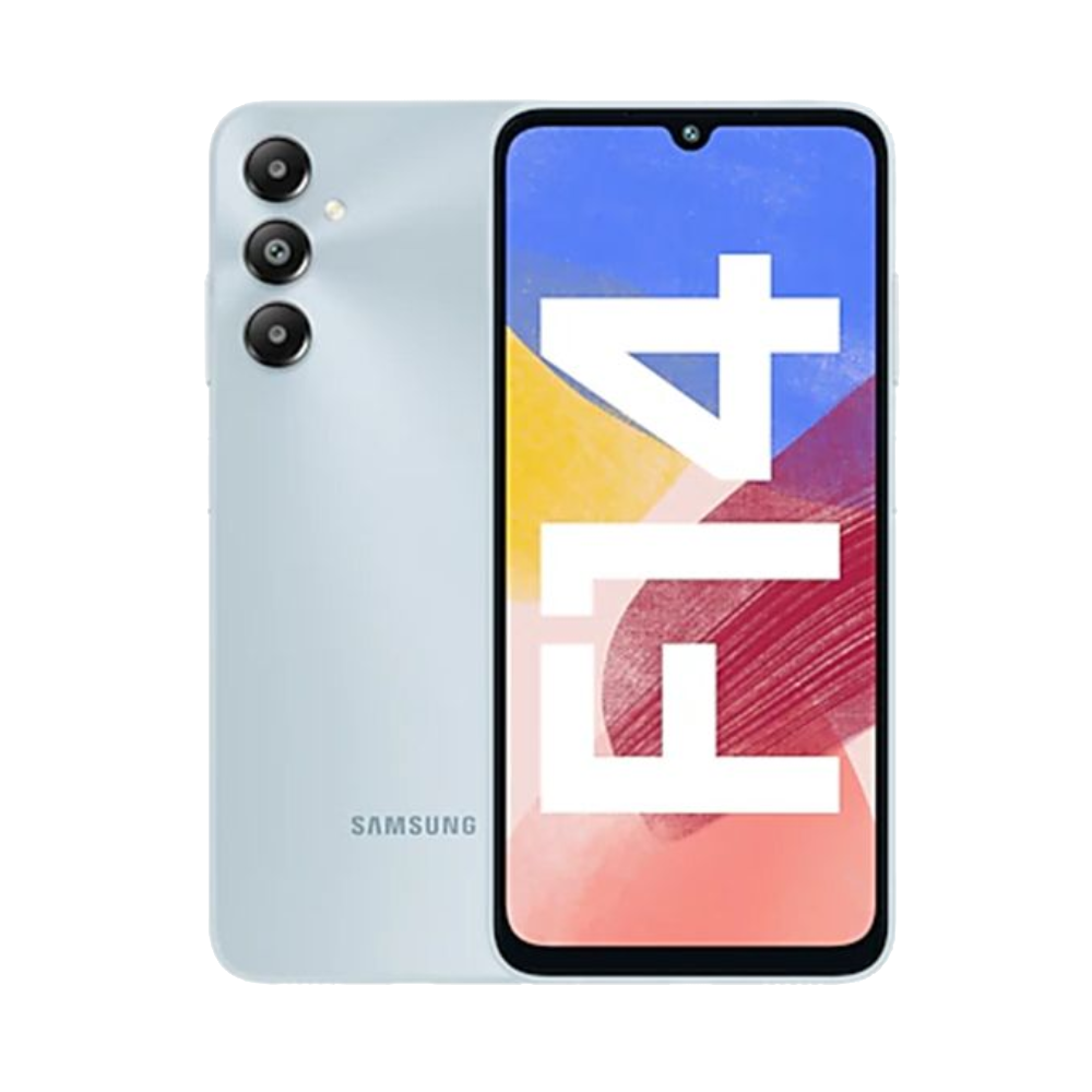 Samsung Galaxy F14 4G front and back in Moonlight Silver