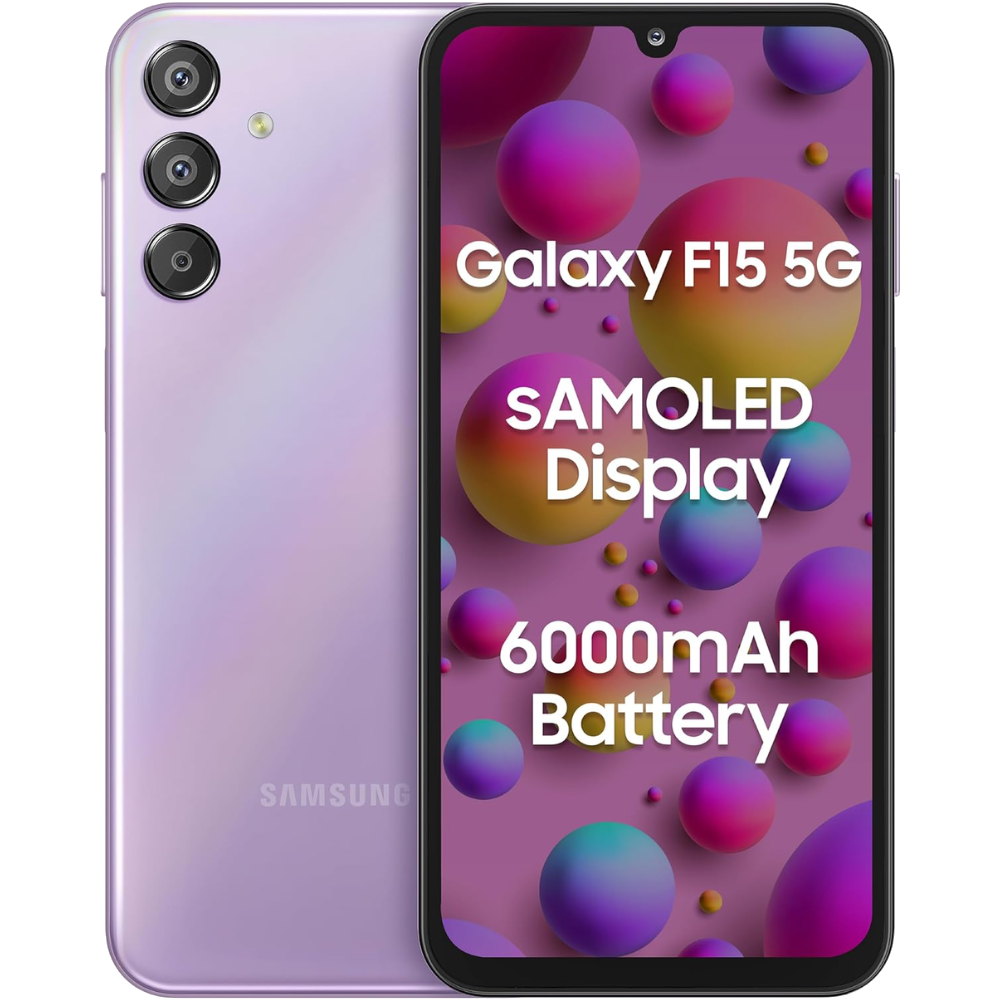 Samsung Galaxy F15 5G front and back in Groovy Violet