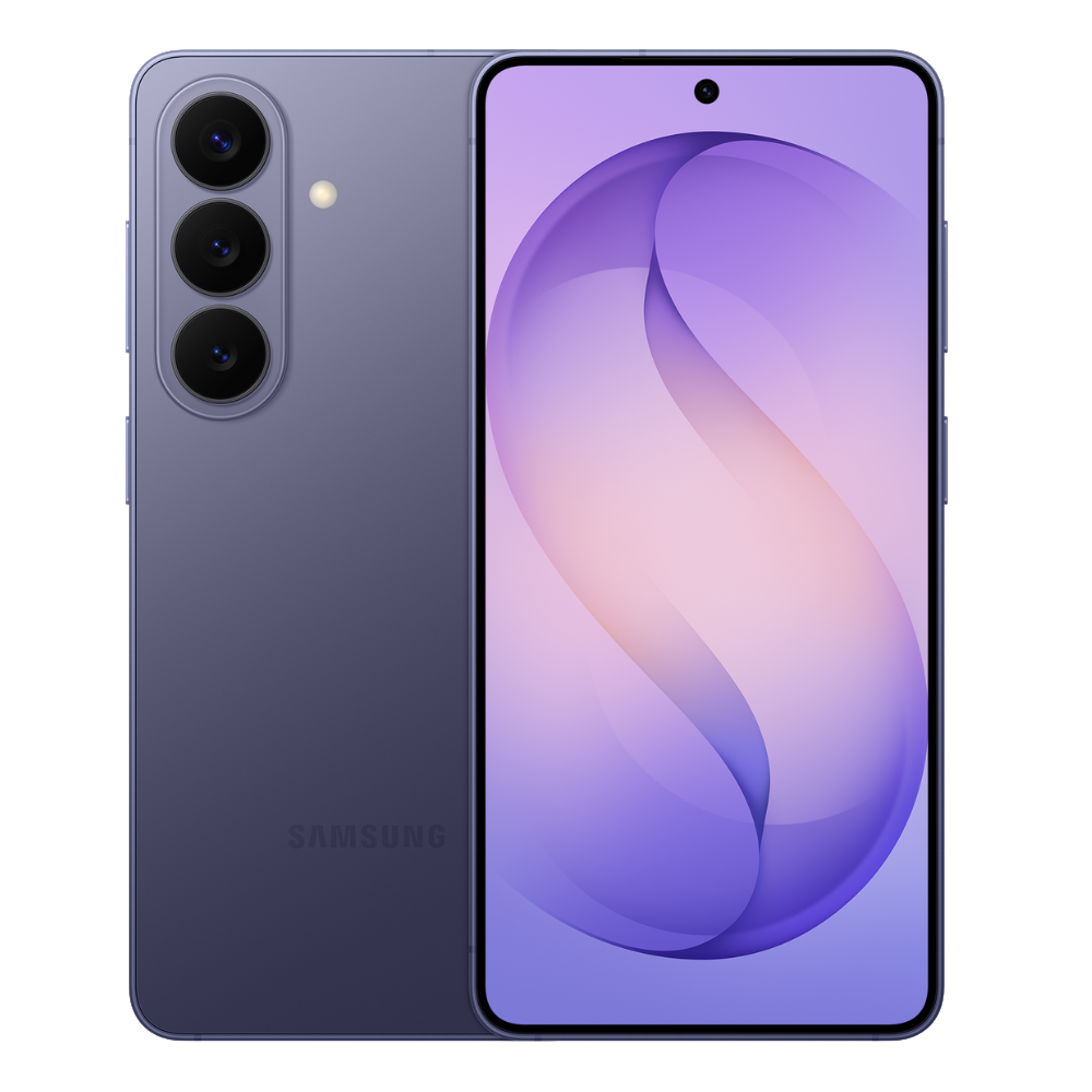 Samsung Galaxy S26 front and back in Cobalt Violet
