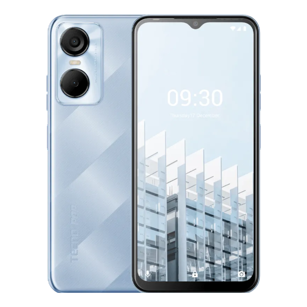 Tecno Pop 6 Pro front back Peaceful Blue