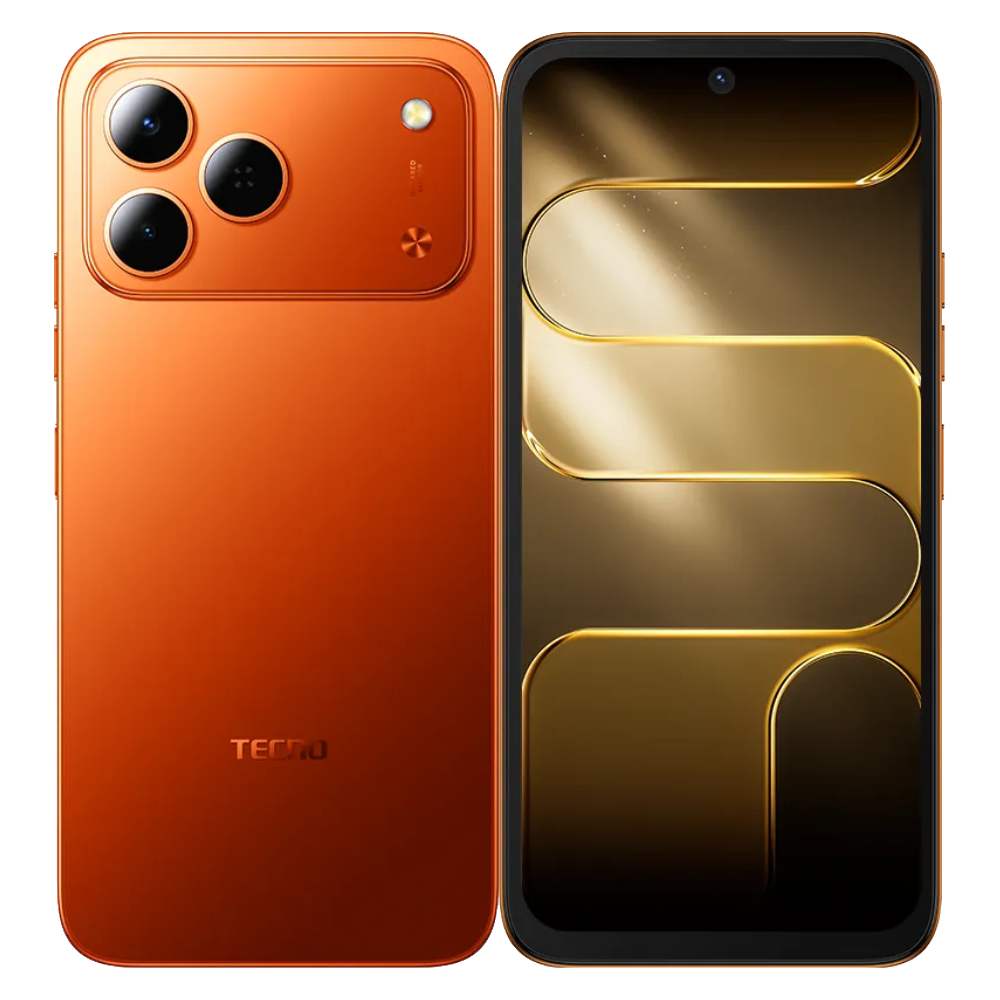 Tecno Spark 50 front and back in Dynamic Orange