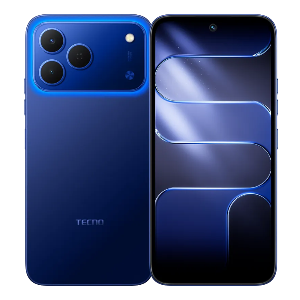 Tecno Spark 50 front and back in Halo Blue