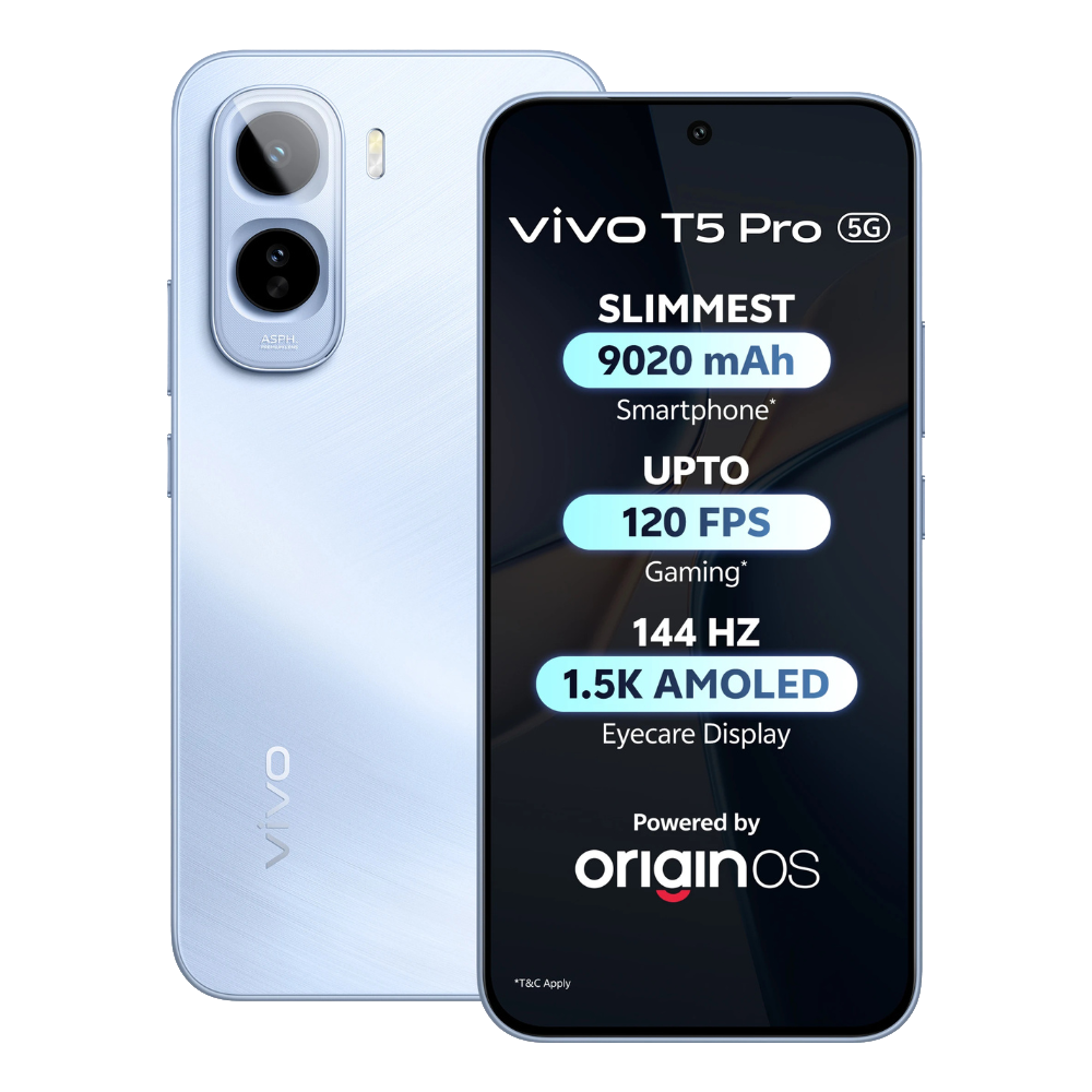 Vivo T5 Pro front and back in Glacier Blue